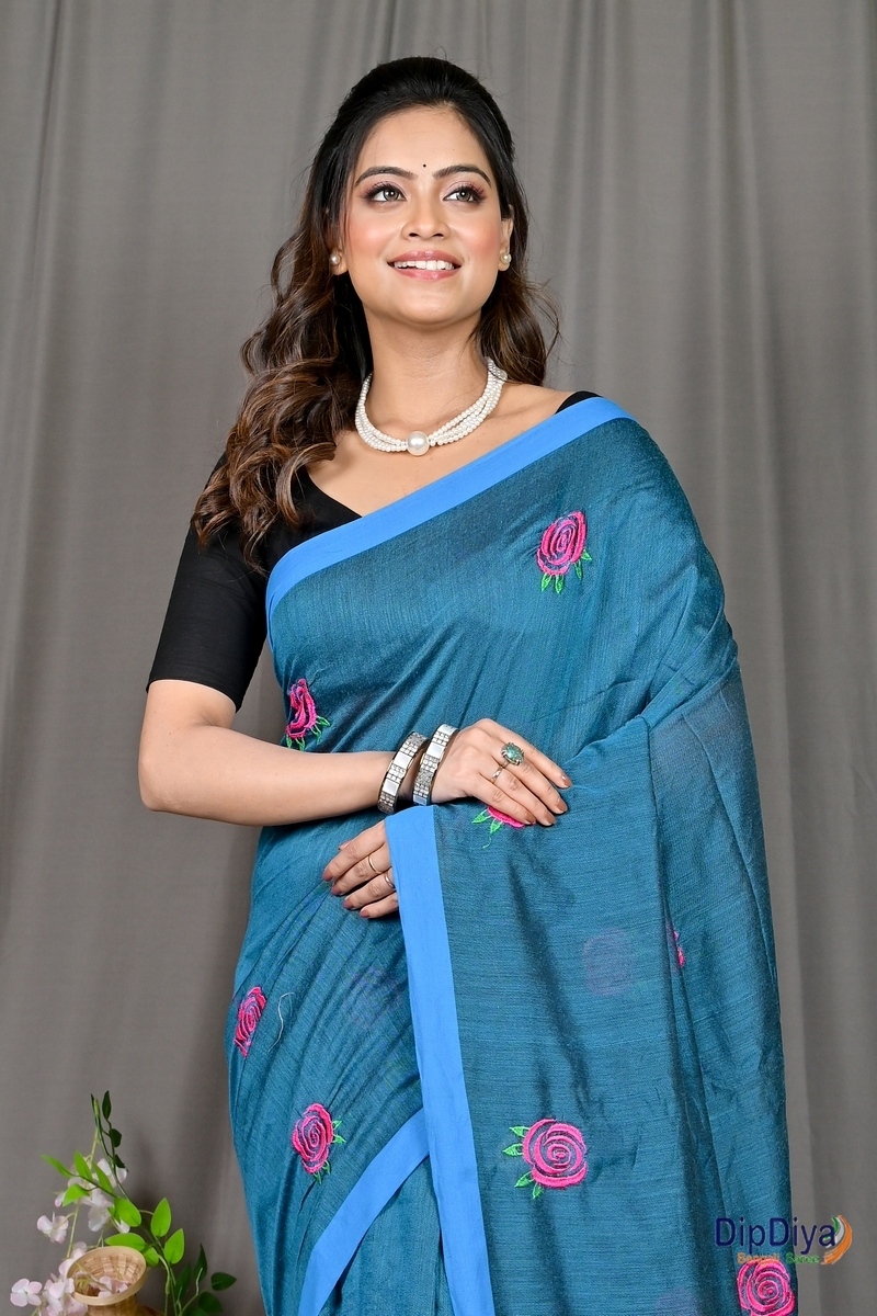 Cobalt Blue Pure Cotton Parag Embroidery Handloom saree (213)